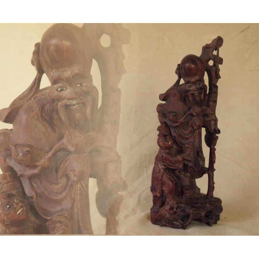 清時代一木造 木彫福禄寿 童子置物26cm 招福 仙人 七福神 寿老人