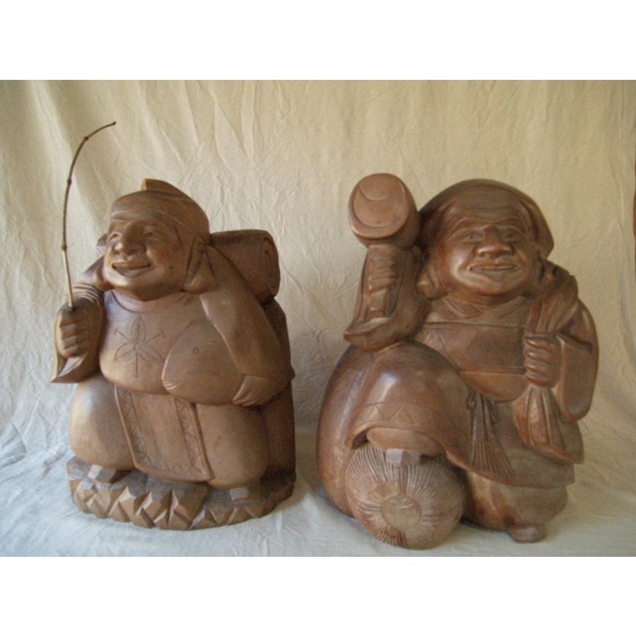 昭和44年 レトロ 天海作 大型40cm 木彫 大黒 恵比寿 作家物 木彫作家