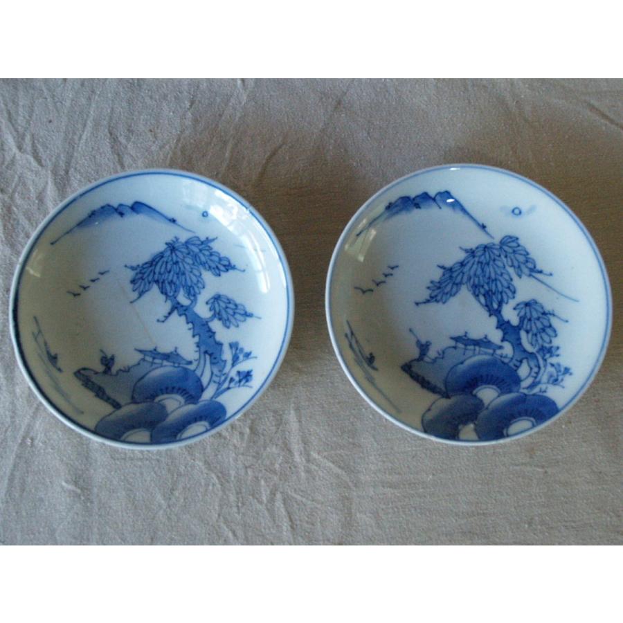 江戸時代 染付山水図 有田焼中皿16cm2枚 角福銘 古伊万里 吉祥 招福