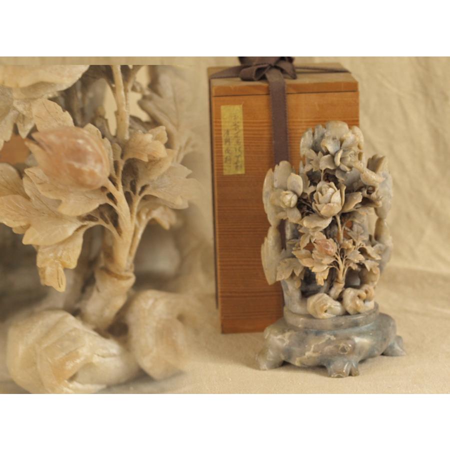 清時代 寿山石 鳥花紋 石彫置物20.5cm木箱付 中国古美術 古玩 天然石