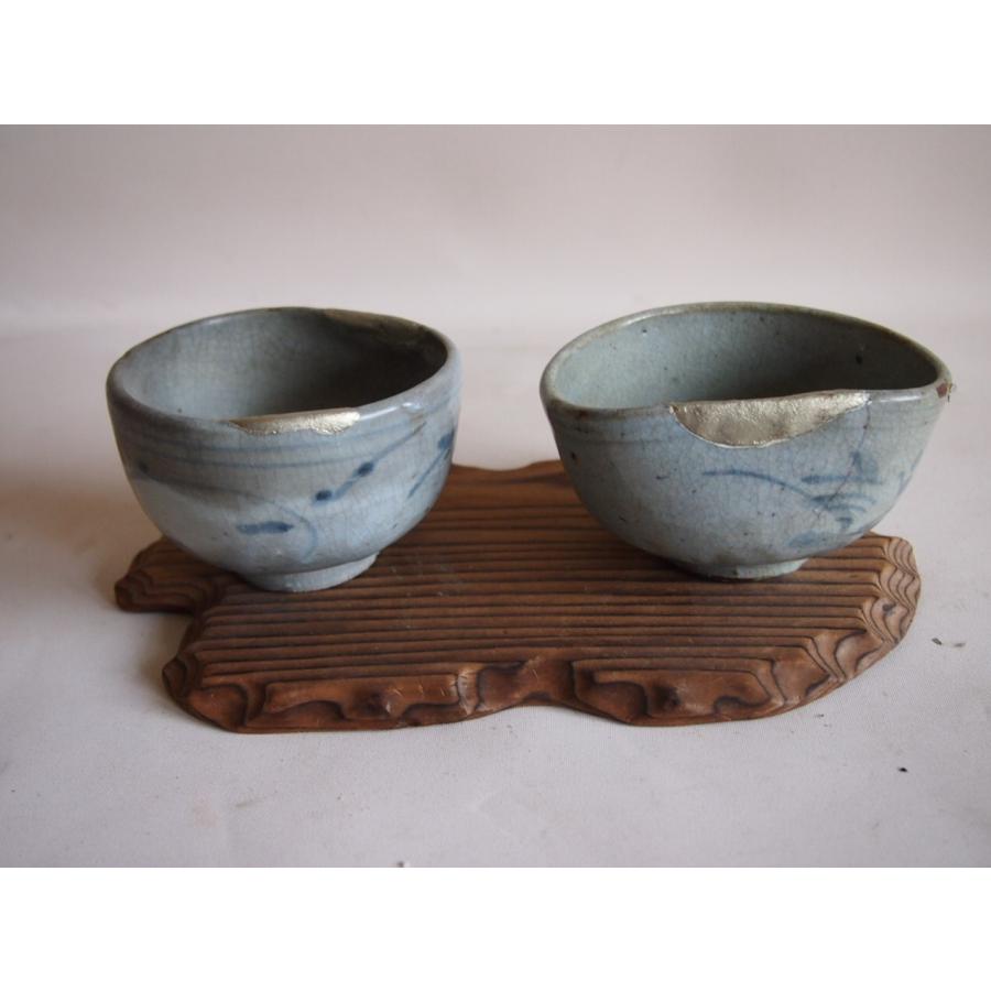 江戸時代 木原窯 歪み茶碗2客10cmペア 台座付 茶道 茶道具 古伊万里