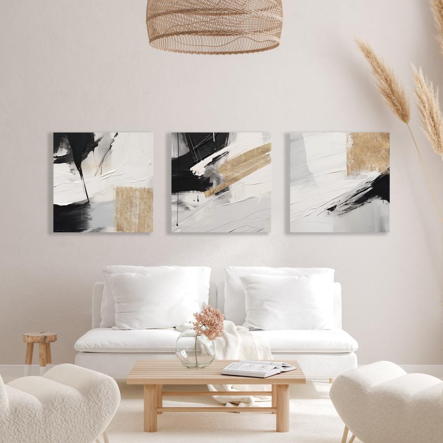 正方形キャンバスパネル モノトーン&ゴールド抽象画 3枚セット 北欧