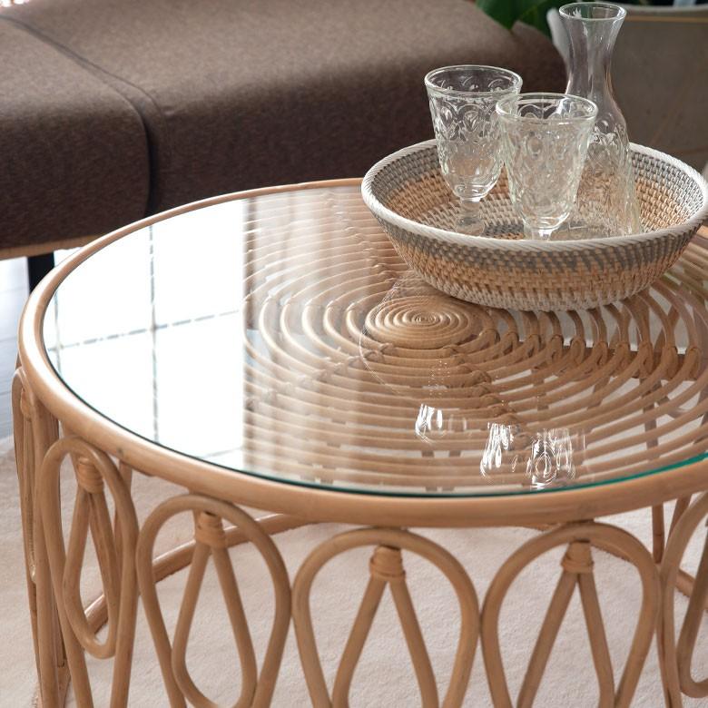 ELEMENTS センターテーブル ローテーブル ラタン 籐 ガラス天板