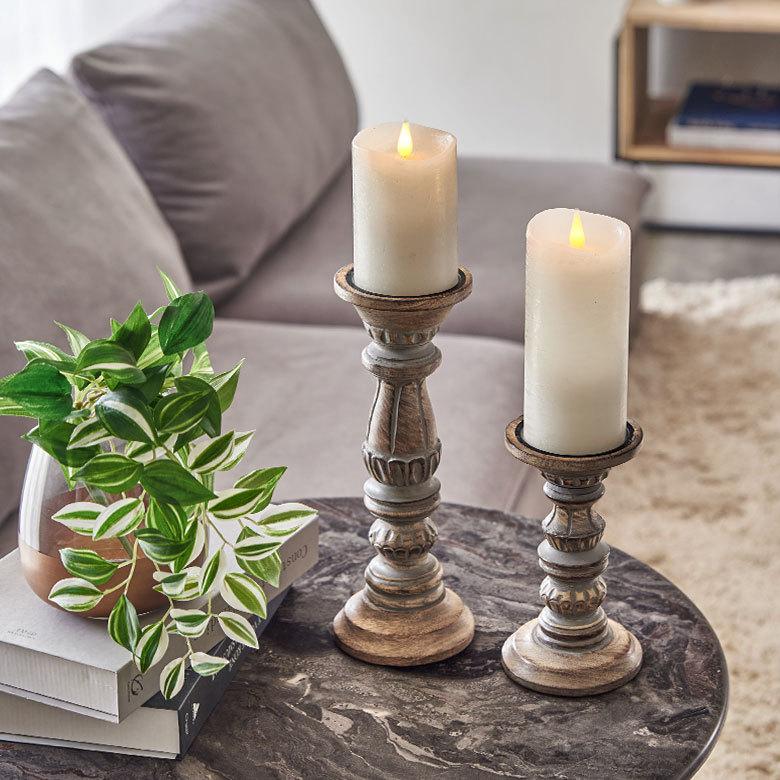 ELEMENTS キャンドルホルダー グレイウォッシュ 木製 ラウンド型 M