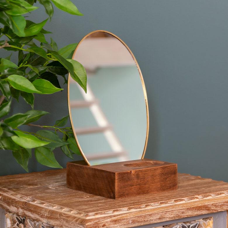 ELEMENTS 卓上ミラー 楕円形 オーバル型 鏡 真鍮フレーム 天然木 角度