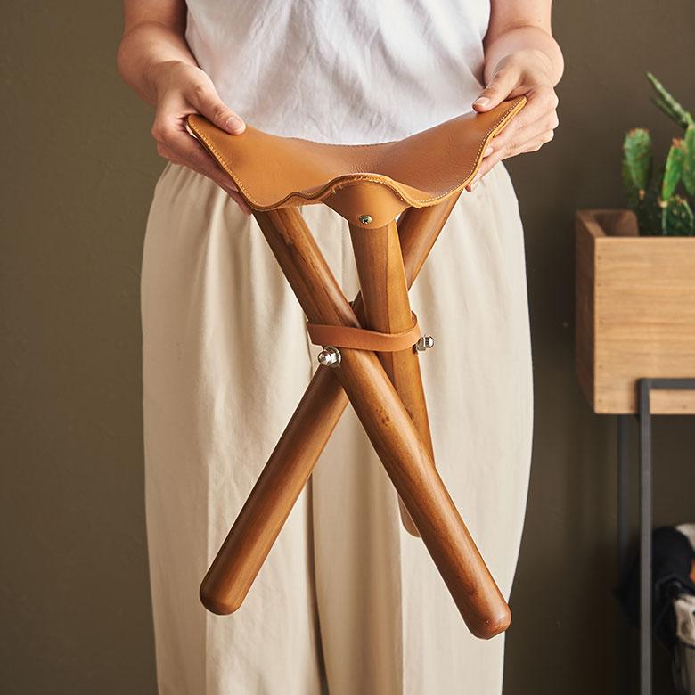 東谷 フォールディング スツール 収納袋付 折り畳み 本革 天然木