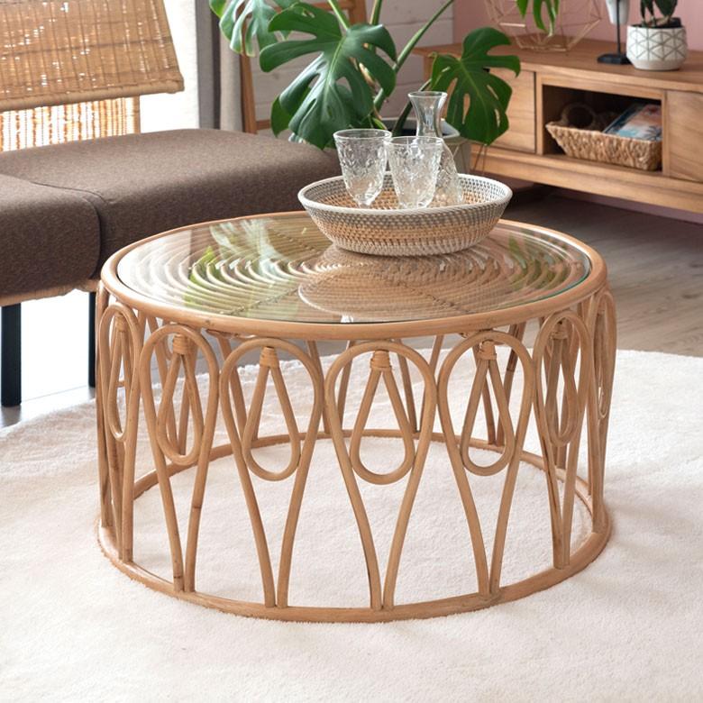 ELEMENTS センターテーブル ローテーブル ラタン 籐 ガラス天板