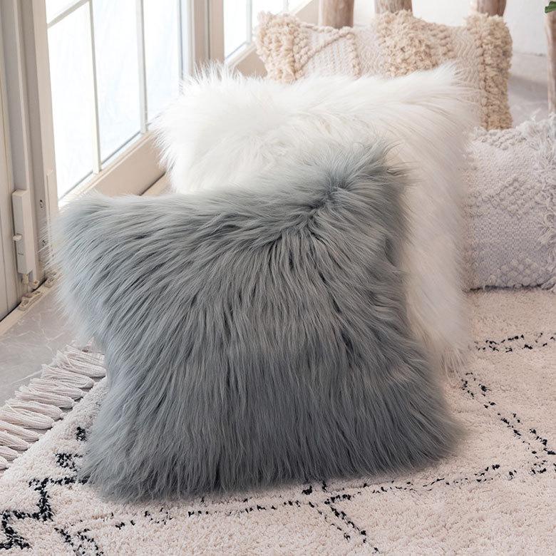 クッションカバー 約45×45cm ロングファー 正方形 グレー シンプル