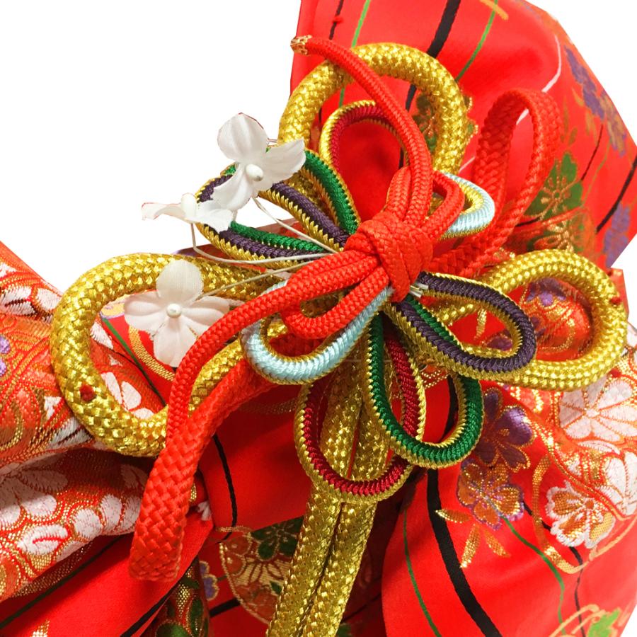 子供 作り帯 付け帯 結び帯 No.52 朱色 オレンジ 鞠柄 Mサイズ 中