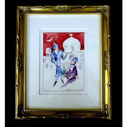 マイセン ハインツ・ヴェルナー直筆水彩画 パイプを吸う男達（額装