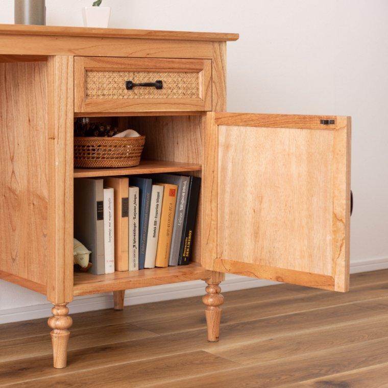 デスク 収納付き 天然木 ラタン 一人用 アンティーク調 引き出し収納