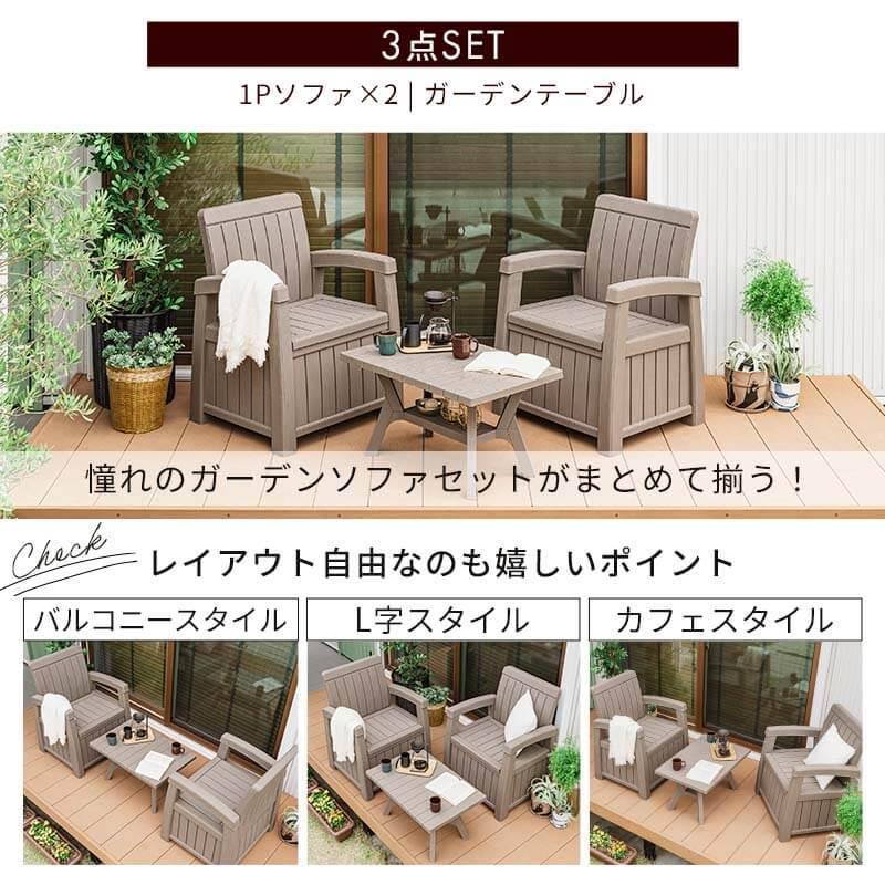 MINT ガーデンソファ 3点セット 収納付き ウッド調 ガーデンテーブル