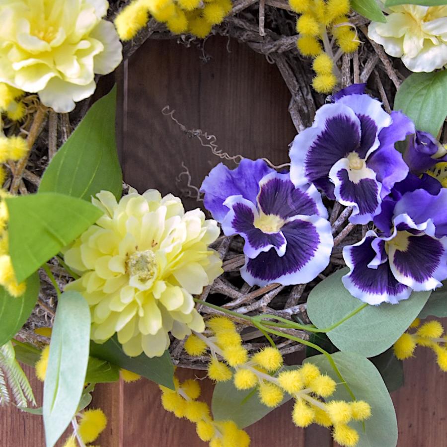 リース 玄関 ミモザ パンジー ビオラ 春 ミモザのリース 30cm ギフト