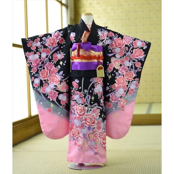 七五三 女の子 着物 レンタル 7歳 黒ぼかしピンクバラ《身長》120cm
