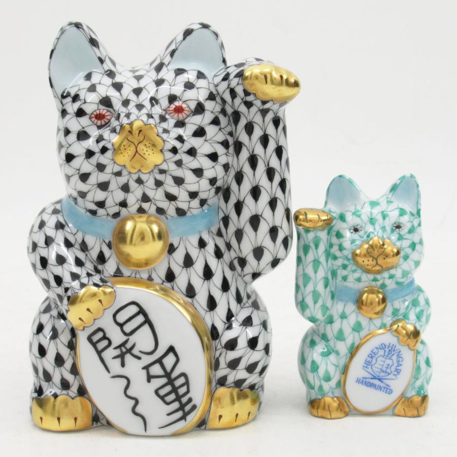 ヘレンド（HEREND） 招き猫 グリーン＆ブラック 開運 フィギュリン 計2