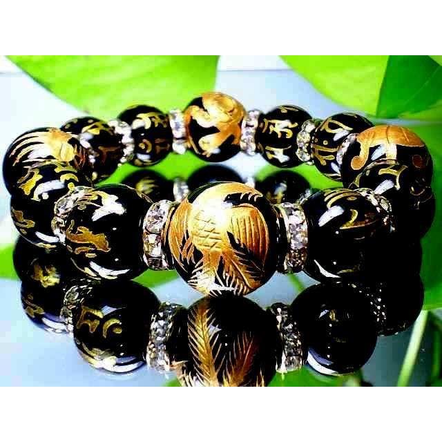 天然石 数珠ブレスレット 金彫四神獣オニキス・七種梵字オニキス16ミリ