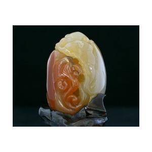 瑪瑙 メノウ 置物 パワーストーン 天然石 風水 如意＆ヒキュウモチーフ