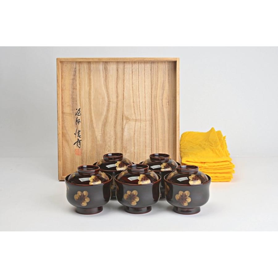 らいおん】塗師 哲舟 蒔絵師 光峯 輪島屋本店造 輪島塗吸物椀 五客共箱