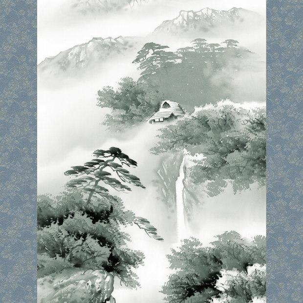 掛け軸 水墨山水 年中掛け 長江桂舟 蒼山憧憬 洛彩緞子本表装 尺3×1個