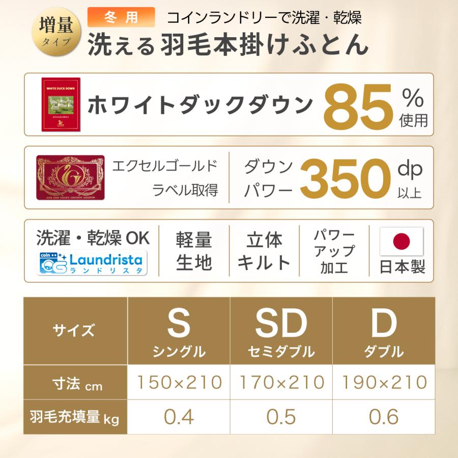 羽毛布団 ダブル 冬用 本掛け 洗える 日本製 増量 ホワイトダック