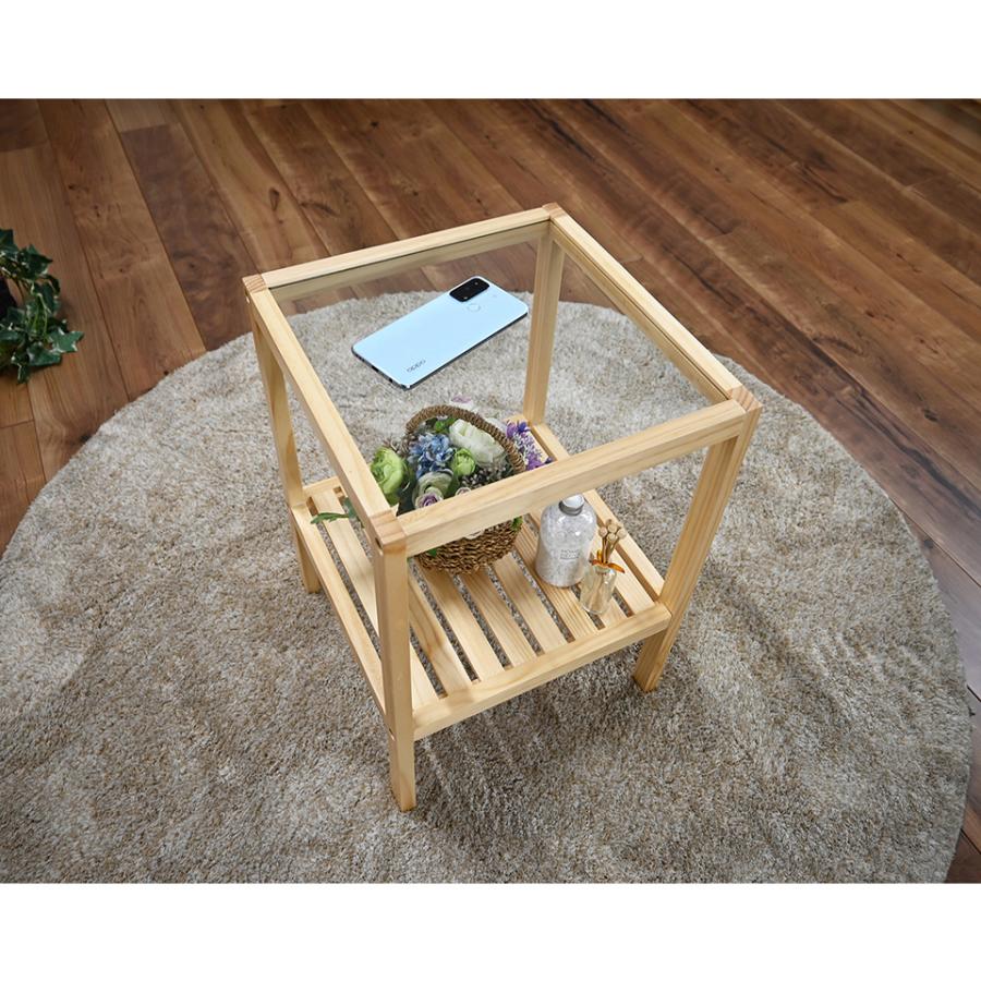 サイドテーブル 幅35cm ガラス天板 ナチュラル ガラステーブル 木製