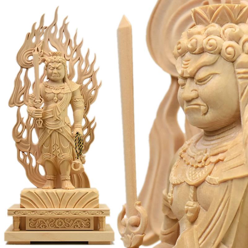 木彫り仏像 【不動明王立像】 火炎光背四角台 桧木 立6.0寸 総高36cm