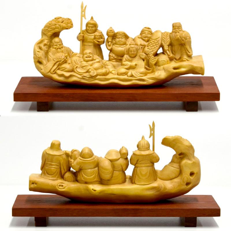 開運招福 木彫り 仏像 柘植一本彫【七福神】 幅約15cm 「七福神