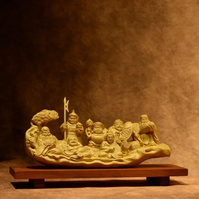 開運招福 木彫り 仏像 柘植一本彫【七福神】 幅約15cm 「七福神