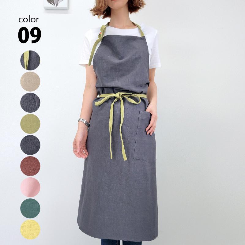 エプロン レディース おしゃれ リネン風 無地 ロング丈 体型カバー