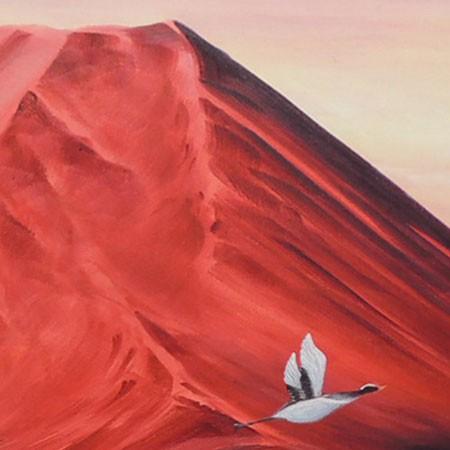 絵画 油絵 富士に鶴（赤富士） F20号 （佐野次郎） 【肉筆】【油絵