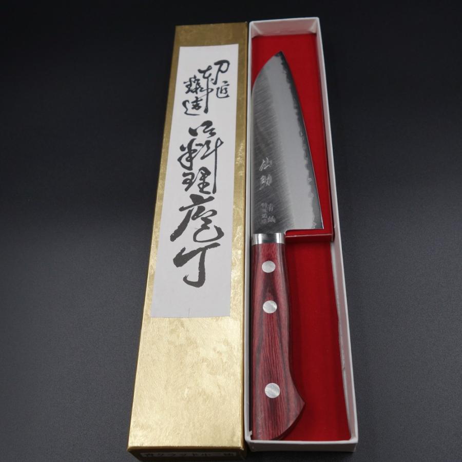 仙助 包丁 小三徳包丁 青紙クラッド 145mm ワインレッド柄 : 啓仁