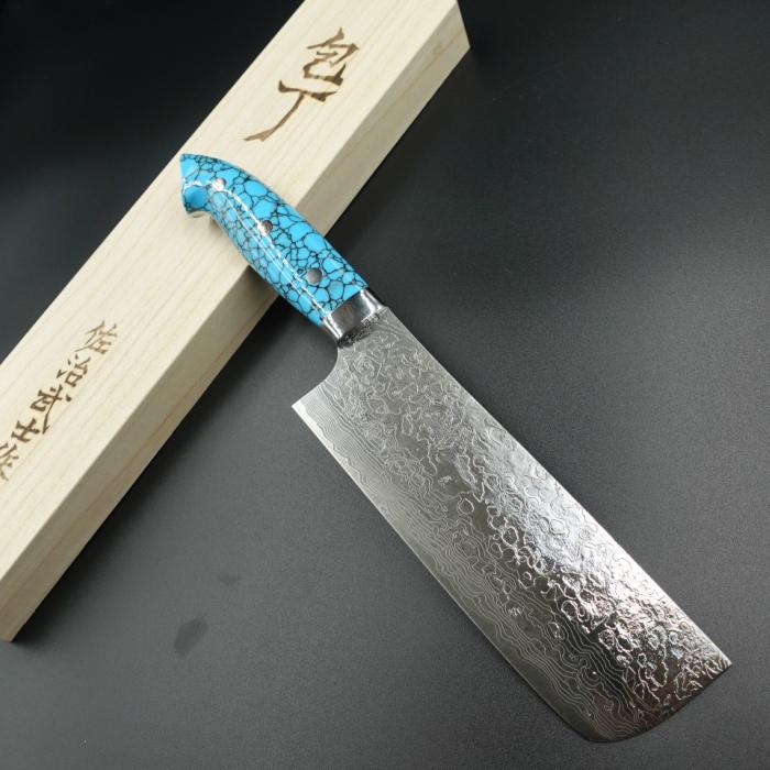 佐治作 包丁 菜切 R2 粉末ハイス鋼 ダマスカス 165mm 青 ターコイズ