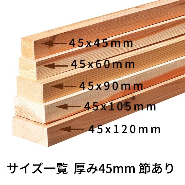 杉 角材 厚み45×幅45×長さ600(mm) 4本入り 節有り 無塗装 乾燥材 対面
