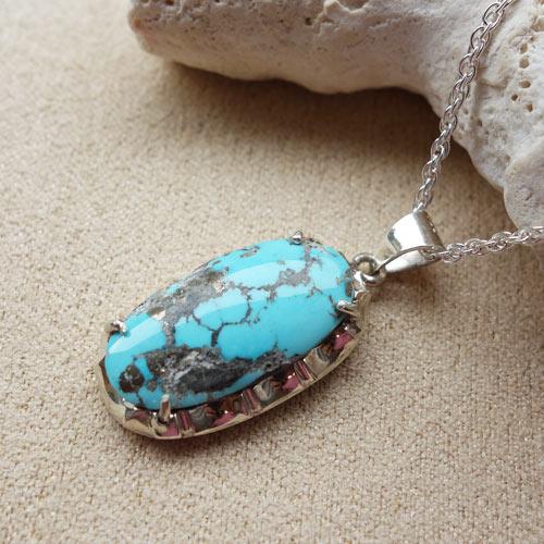 送料無料 イラン産 天然アンティーク トルコ石 シルバーネックレス