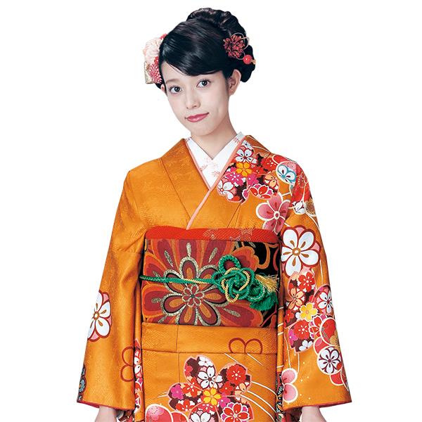 H.L（アッシュ・エル） 振袖3点セット 渋濃オレンジ地吉祥華紋 振袖