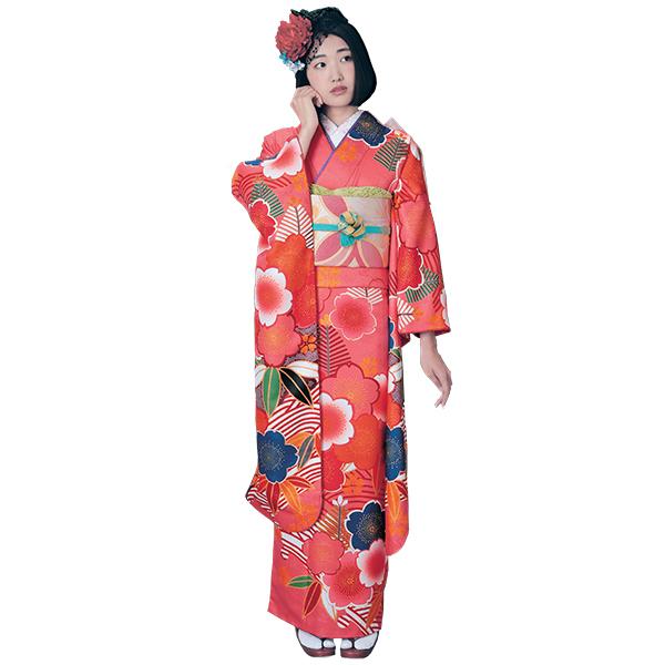 H.L（アッシュ・エル） 振袖3点セット 濃渋ピンク地大輪桜紋 振袖 袋帯