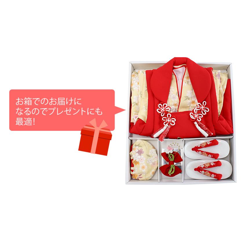 七五三 着物 3歳 6点セット 女の子 被布 ベージュ 桜 三ツ身着物 赤 椿