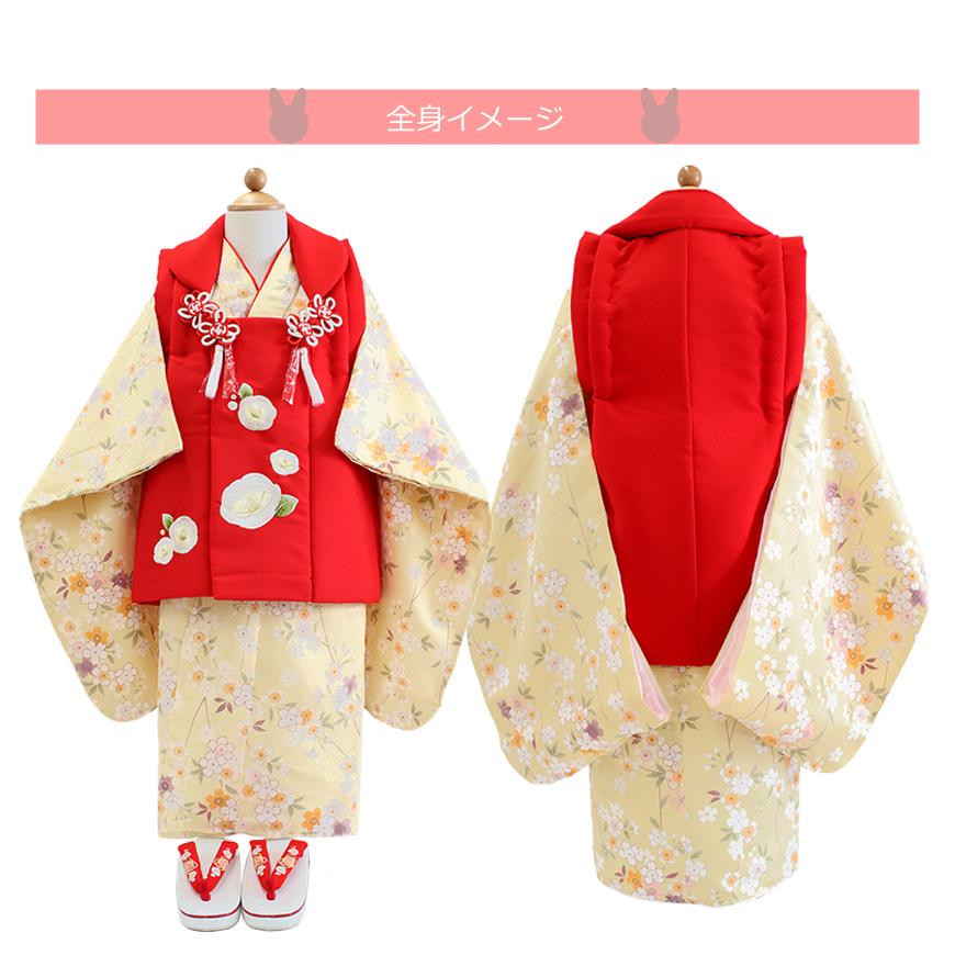 七五三 着物 3歳 6点セット 女の子 被布 ベージュ 桜 三ツ身着物 赤 椿
