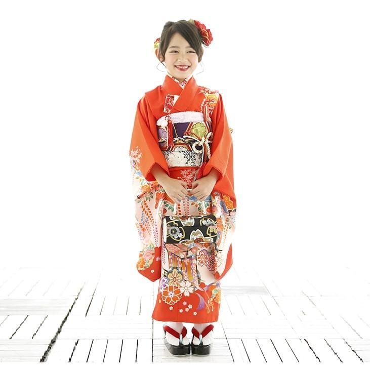 七五三レンタル14点フルセット 7歳【朱赤/御所車】女の子 着物セット