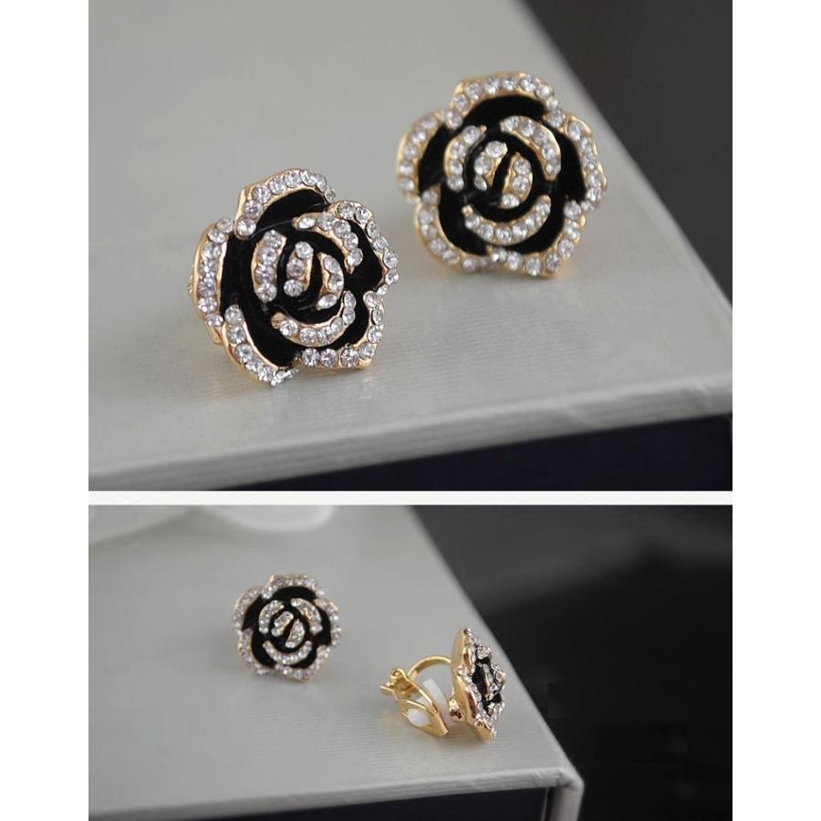 イヤリング 黒薔薇 バラ ブラックローズ 花 フラワー ラインストーン