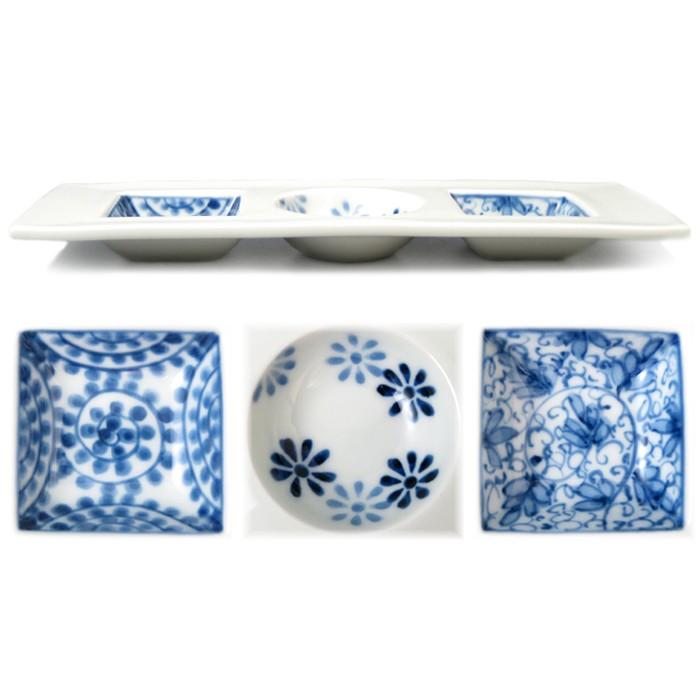 有田焼 染付三品盛皿 / 伯父山窯 丸 四角 和皿 和食器 食器 お皿 角皿