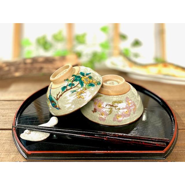 九谷焼 高級 陶磁器 ペア飯碗 金糸梅に鳥＆ソメイヨシノ (Kutani rice
