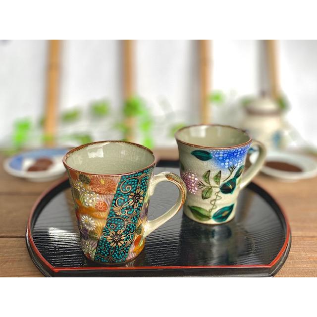九谷焼 高級 陶磁器 ペアマグカップ がく紫陽花ピンク＋ブルー＆青粒＋