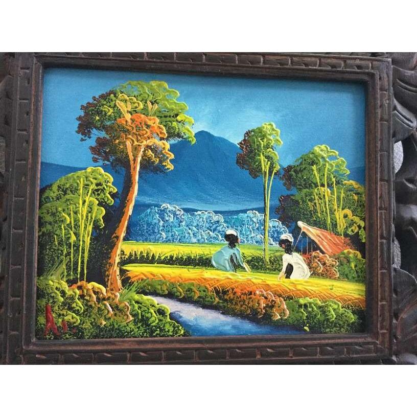 バリ絵画 風景画 稲刈りとバトゥール山 38×33 B-3 額付き バリ ウブド