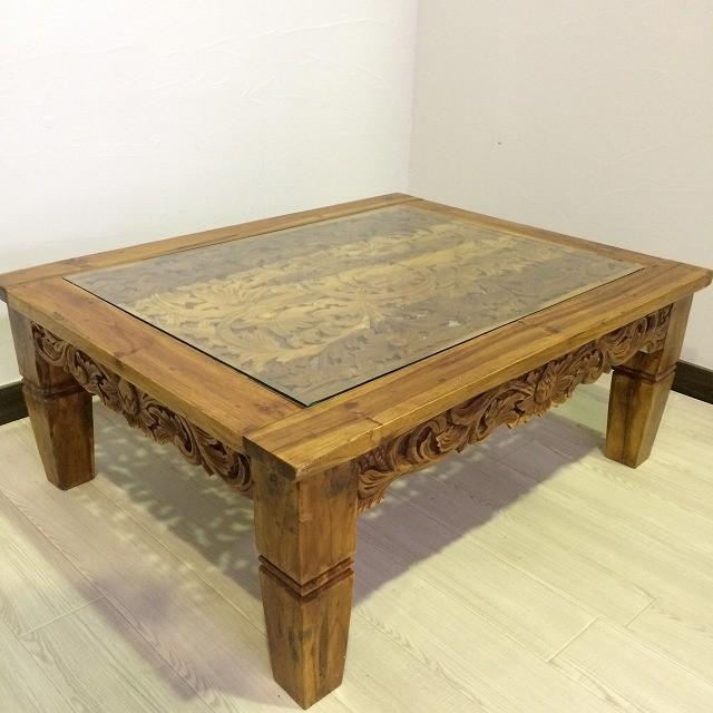 チーク バリ彫刻デザインローテーブル 彫刻 木目 ガラス天板 北欧