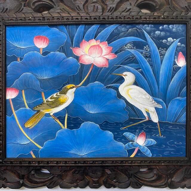 バリ絵画 ブンゴセカン 鳥の絵 鳥と蓮の花 ブルー W53×H43cm バリ