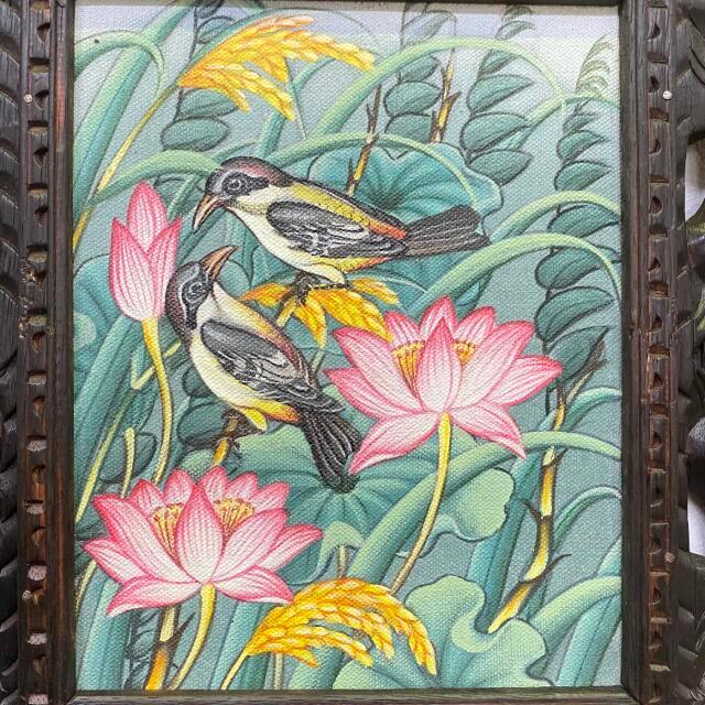 バリ絵画 ブンゴセカン 鳥の絵 蓮の花と稲穂 W33×H38cm 花鳥風月 バリ