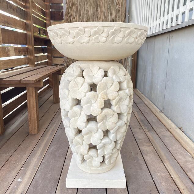 バリ島製 パラス石オブジェ プルメリア柄ボウル 透かしスタンド 石台