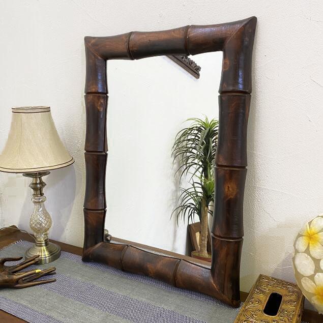 壁掛け鏡 アジアンミラー 木枠バンブー柄 木製 H75 W55 インテリア