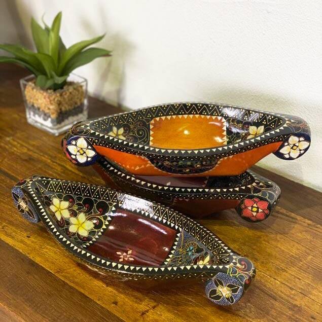 デコレーショントレイ 木製 トレー 舟形 花柄 絵柄入 3色 小物入れ